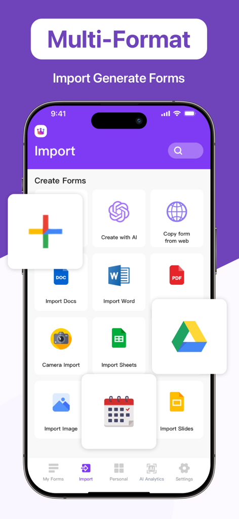 Mobile Ansicht, die verschiedene Dokumentenimportoptionen für die Erstellung von Google Forms zeigt