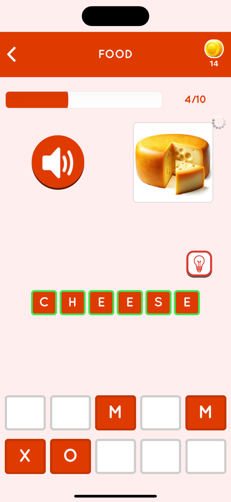 Learn English US for Beginners - Ein Vokabelspiel in der Learn English App, das ein Bild von Käse und ein Buchstabierpuzzle zeigt.