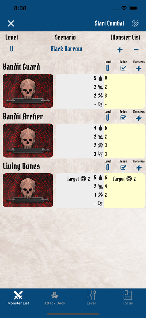 Gloomhaven Campaign Tracker - Gloomhaven Campaign Tracker app interface showing monster stats for the Black Barrow scenario including Bandit Guard and Living Bones