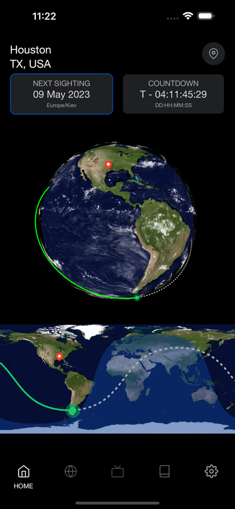 Spot the Station - NASA Spot the Stationアプリのインターフェース。ISSの軌跡と目撃までのカウントダウンが表示されています。