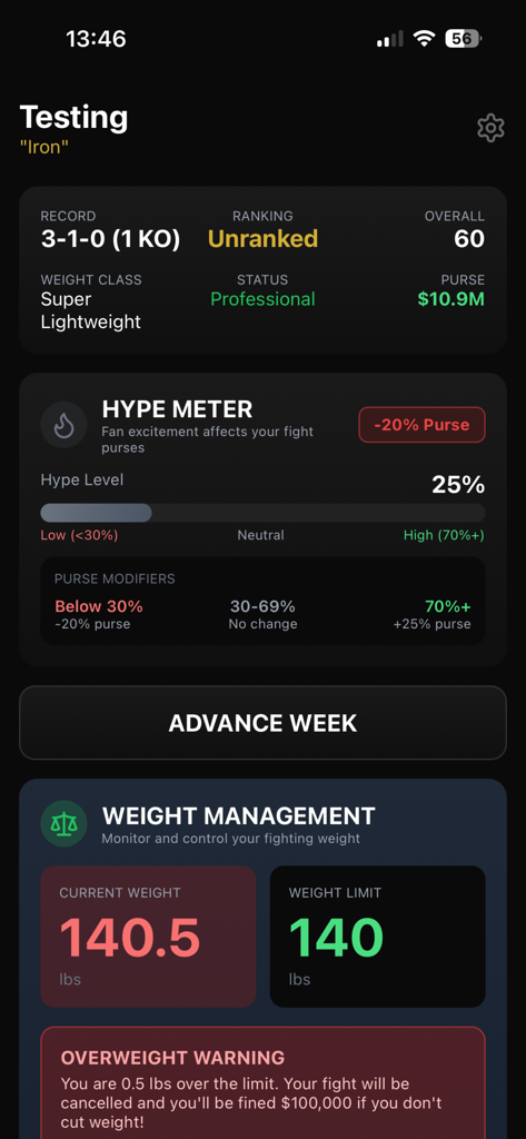 Boxing Career Simulator - Tela de gerenciamento de simulação de boxe mostrando recorde do lutador, gerenciamento de peso e medidor de hype