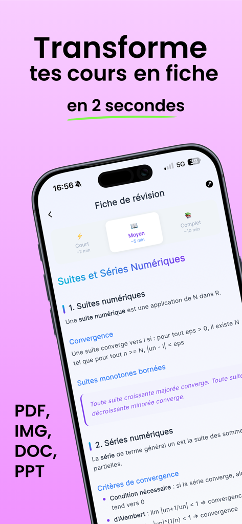 Podnotes - Écran de l'application Podnotes démontrant comment un document est transformé en fiche d'étude structurée en quelques secondes.