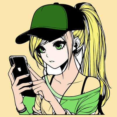 realistic girl with a long ponytail and trucker hat holding an iphone