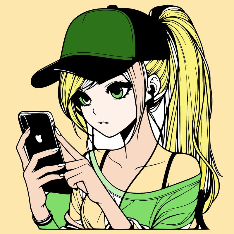 realistic girl with a long ponytail and trucker hat holding an iphone
