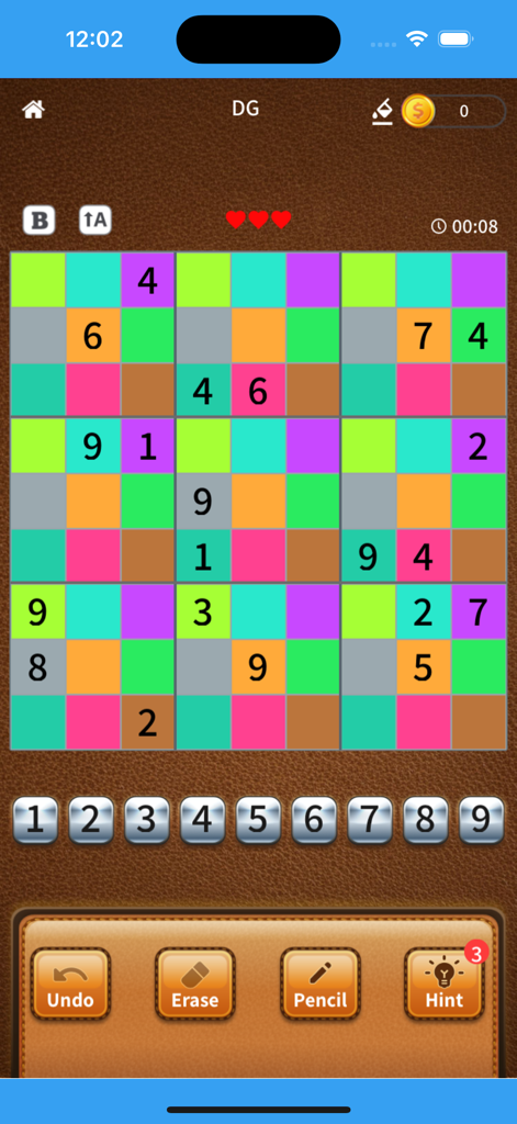 Sudoku Plus: Classic & Killer - Gameplay screen of a DG Sudoku puzzle with a colorful grid and a brown leather textured theme