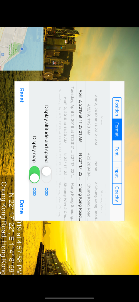 Timestamp Camera Pro - Timestamp Camera Pro app settings menu showing various date time and location formatting options
