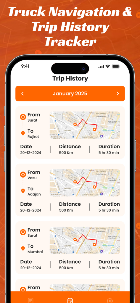 TruckMap app trip history interface displaying logs of past routes with distance and duration details