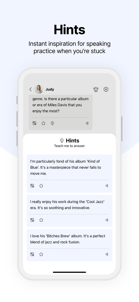 TalkLingo app screenshot showing AI generated hints and sample answers for English speaking practice to help users overcome conversational blocks.
