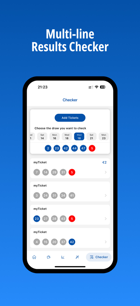 French LOTO - Interface of the French LOTO app showing the multi-line results checker with several ticket entries and matched winning numbers.