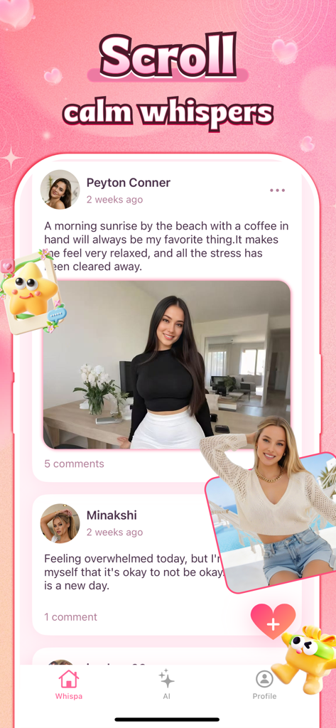 Whispa -  personal - Screenshot of the Whispa app interface showing a feed of supportive and personal posts from users in a calm pink aesthetic.