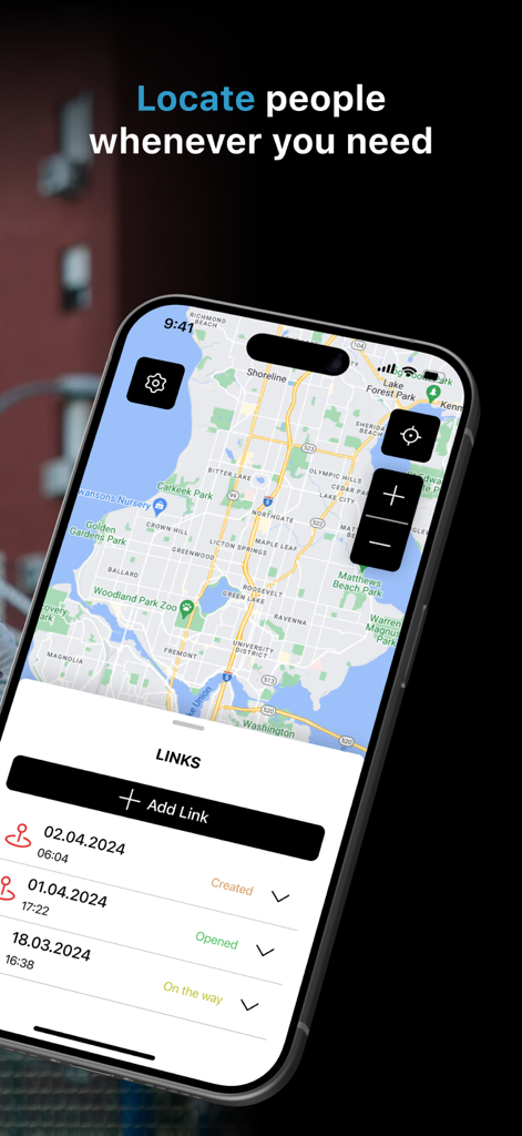 A smartphone showing the Family and Friend Find Location app interface with a map and tracking links.
