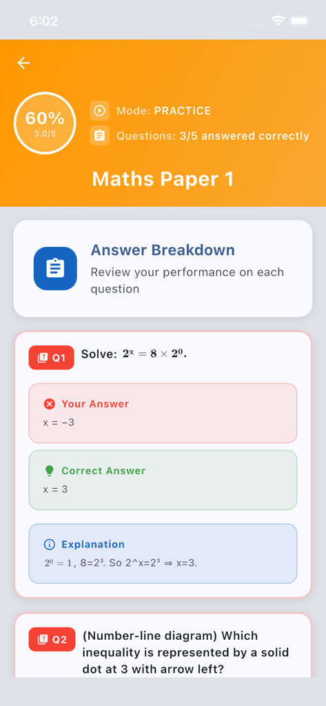 BECE Past Questions & Mocks - Tela do aplicativo BECE mostrando a análise da resposta da questão de matemática e explicação