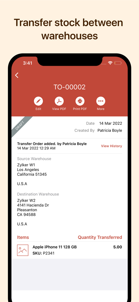 Zoho Inventory app screen showing a stock transfer order between two warehouse locations.