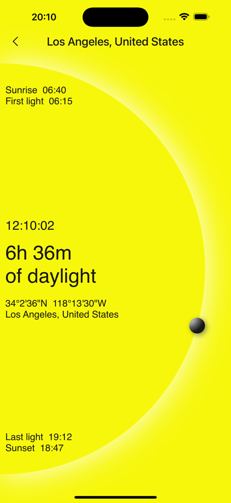 Sunrise Sunset Tracker - Sunrise Sunset Tracker app interface displaying sunrise sunset and daylight duration data for Los Angeles