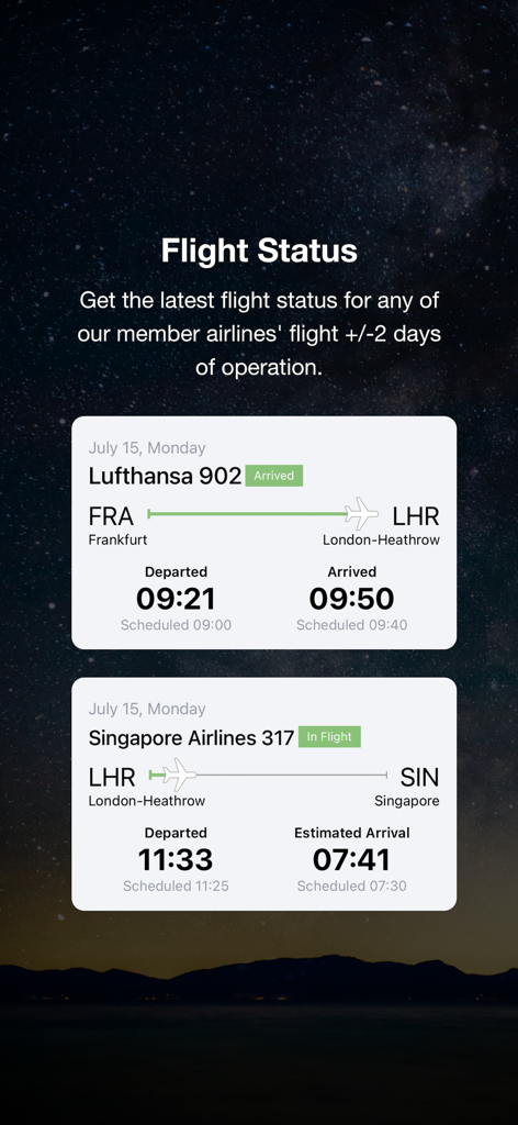 Star Alliance - Interfaccia di stato dei voli dell'app Star Alliance che mostra i dettagli di tracciamento per i voli Lufthansa e Singapore Airlines