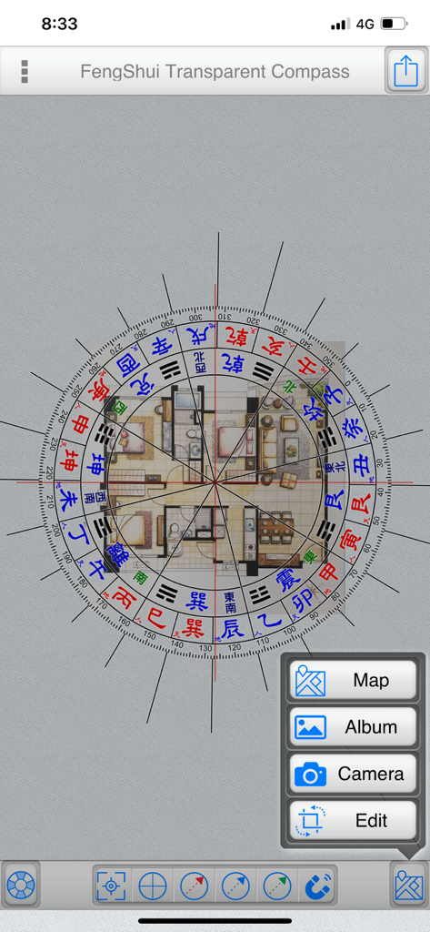 FengShui Transparent Compass - A digital Feng Shui compass overlaid on a house architectural floor plan for orientation measurement