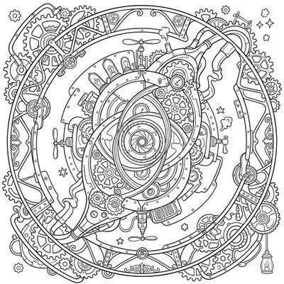 Embark on an extraordinary coloring journey with this mesmerizing Steampunk Cat's Eye Nebula design. Immerse yourself in a universe where celestial beauty meets intricate clockwork machinery and imaginative retro-futuristic details.