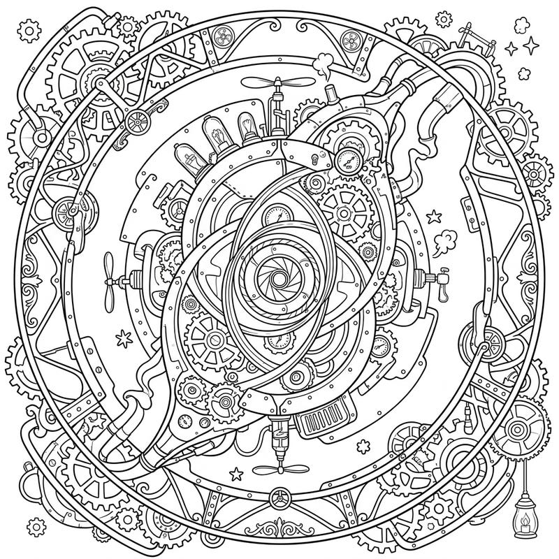Embark on an extraordinary coloring journey with this mesmerizing Steampunk Cat's Eye Nebula design. Immerse yourself in a universe where celestial beauty meets intricate clockwork machinery and imaginative retro-futuristic details.
