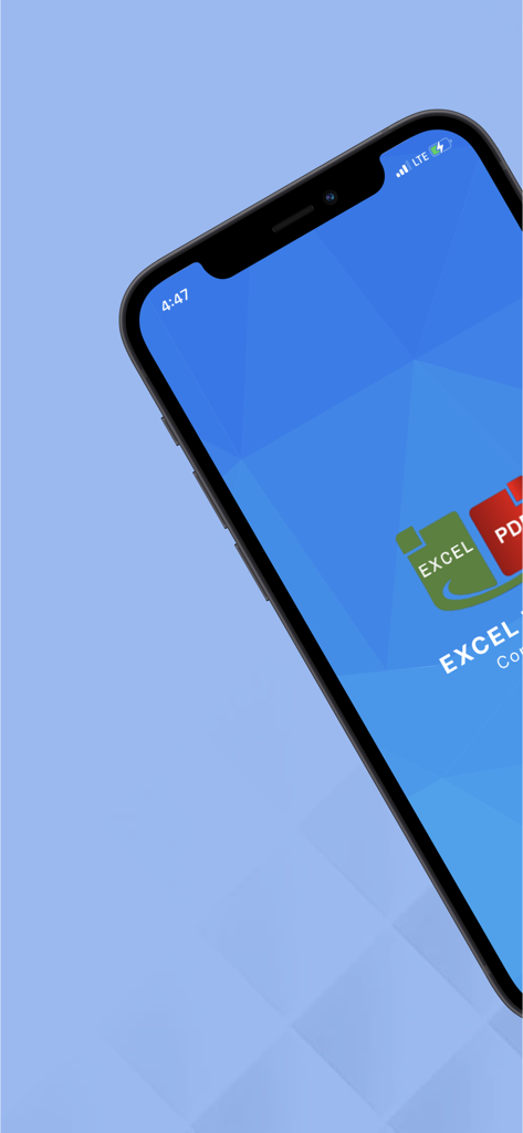 Excel To Pdf Converter - Tela de abertura do aplicativo Conversor de Excel para PDF em um iPhone com fundo geométrico azul