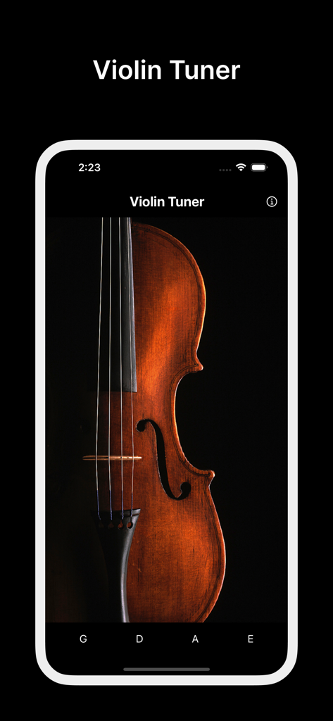 Violin Tuner App-Oberfläche, die ein Bild einer Geige und Stimmknöpfe für die Saiten G D A und E anzeigt