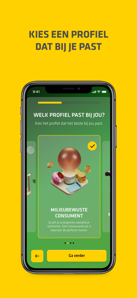 Stedin eKlok - Pantalla de incorporación de la aplicación Stedin eKlok para seleccionar un perfil de consumo de energía ecológicamente consciente.