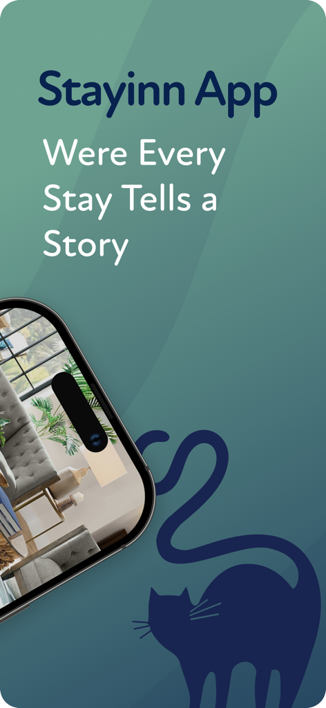 Stayinn: You have a home here - Stayinn 앱 환영 화면, 슬로건 '모든 숙박이 이야기를 담고 있습니다'와 스타일리시한 고양이 실루엣