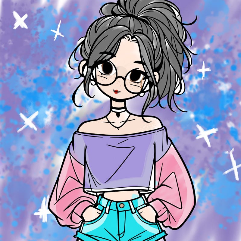 girl with a messy ponytail glasses a baggy crop top and jean shorts