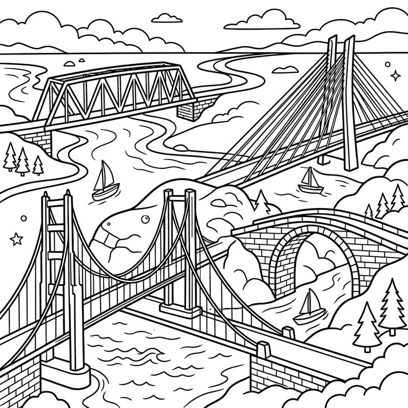 Embark on an epic coloring journey exploring magnificent bridges from around the world. This fun and educational page is perfect for kids who love engineering and creative expression.