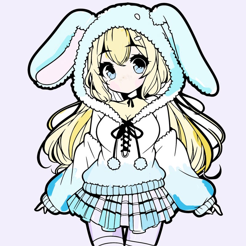 pretty anime girl wearing a fluffy hoodie with bunny ears on the hood and a skirt