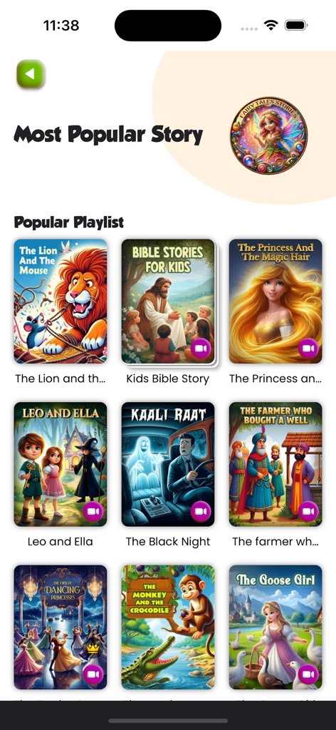 Bedtime Stories for Kids Kiddo - Una pantalla de la aplicación Kiddo que muestra una lista de reproducción popular de cuentos ilustrados para niños, incluyendo El León y el Ratón y Cuentos de la Biblia