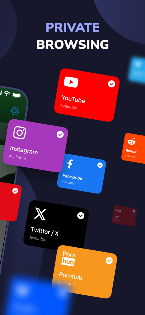V2App: VPN Blockchain + VLESS - Pantalla de navegación privada de V2App que muestra aplicaciones compatibles como YouTube Instagram y Facebook