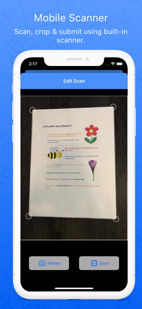 Smartphone screen displaying the ManageBac mobile scanner tool cropping a school document for submission
