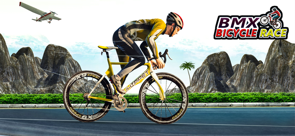 A cyclist riding a yellow racing bike on a road with a mountain landscape and a plane in the background