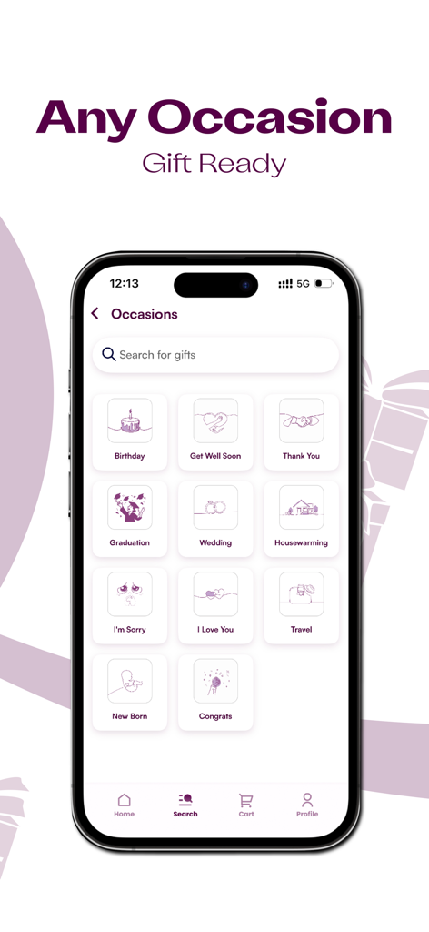 Mawada مودة - Mawada mobile app interface showing gift selection categories for different occasions like Birthday, Wedding, and Graduation.
