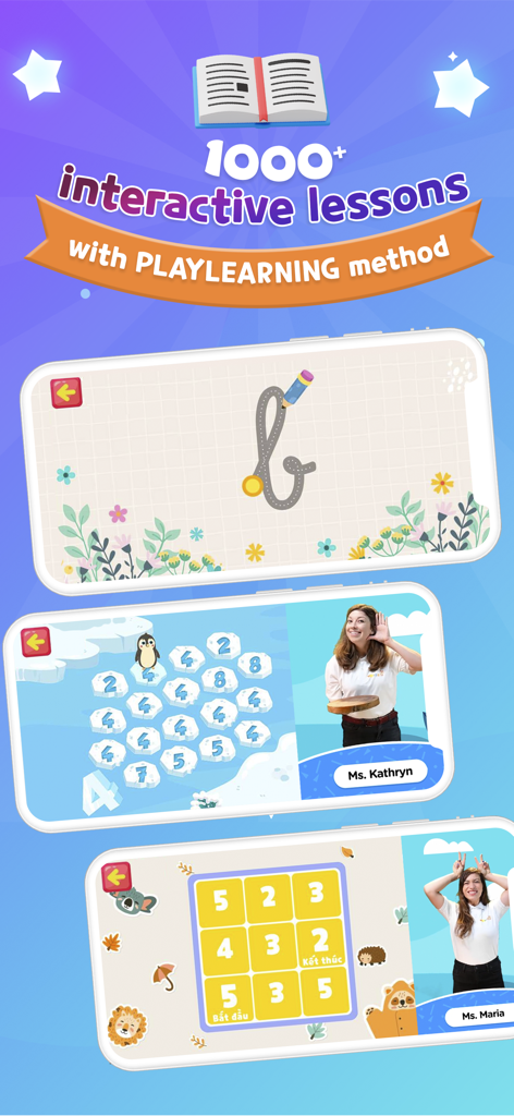 Capturas de pantalla de la aplicación Vkids IQ que muestran lecciones interactivas de escritura preescolar y matemáticas con profesores en video