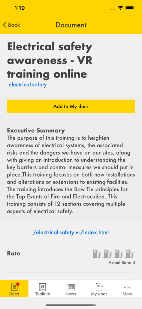 Pantalla de la aplicación Shell GIDS para el documento de capacitación sobre concienciación de seguridad eléctrica.