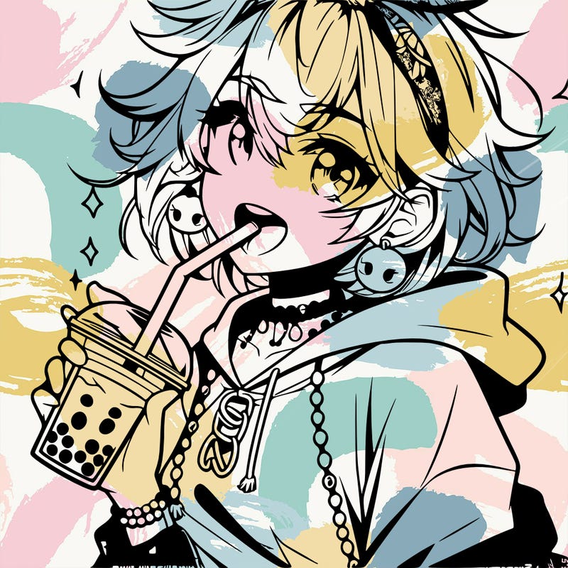 hot baddie anime girl drinking boba and biting the straw