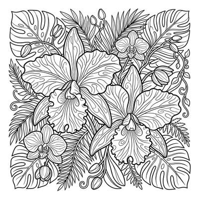 Unleash your creativity with this stunning coloring template featuring the majestic Cattleya orchids, often hailed as the 'Queen of Orchids.' Delve into a world of intricate petals and lush tropical foliage, perfect for a relaxing and engaging coloring session.