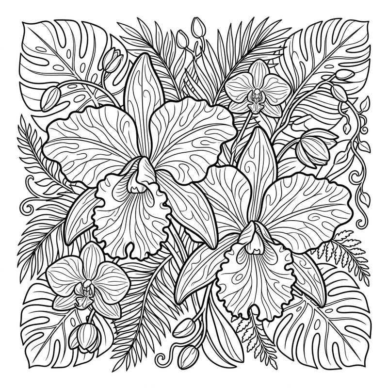 Unleash your creativity with this stunning coloring template featuring the majestic Cattleya orchids, often hailed as the 'Queen of Orchids.' Delve into a world of intricate petals and lush tropical foliage, perfect for a relaxing and engaging coloring session.