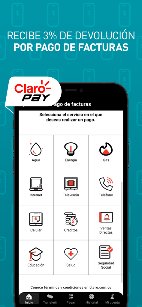 Claro Pay Colombia - Claro Pay Colombia app interface showing bill payment options for utilities like water gas and electricity with cashback offer
