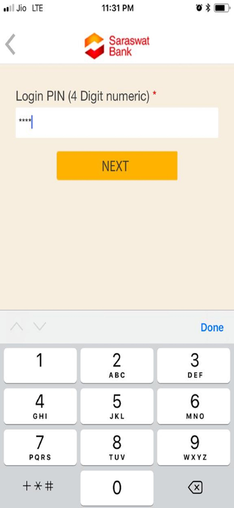 Saraswat Bank Mobile Banking - Saraswat Bank mobile app login screen asking for a 4 digit numeric PIN with a keypad displayed