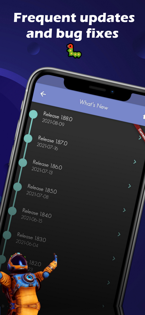 Assistant for No Man's Sky - Screenshot of the Assistant for No Mans Sky app showing the version history and frequent update log
