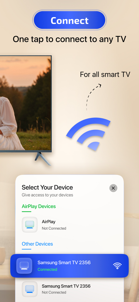 Smart View: Screen Mirroring • - Interface do aplicativo Smart View mostrando o processo de conexão de um iPhone a uma Samsung Smart TV