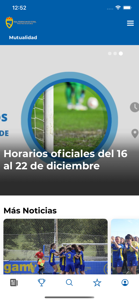 Pantalla de inicio de la aplicación AsturFútbol mostrando horarios oficiales de partidos y noticias de fútbol regional.