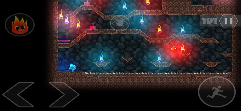 Los personajes Fireboy y Watergirl navegando por un nivel de templo de piedra con puzles elementales y controles en pantalla.