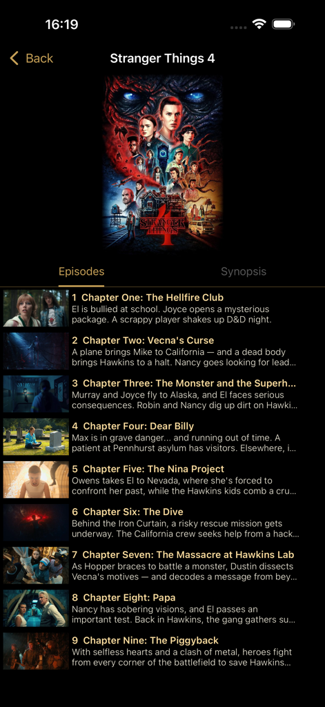 Lista de episodios y resúmenes de la temporada 4 de Stranger Things en la aplicación Watched TV.