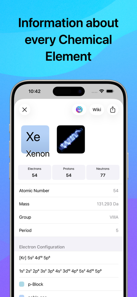 A mobile screen showing detailed information about the chemical element Xenon including atomic number mass and electron configuration