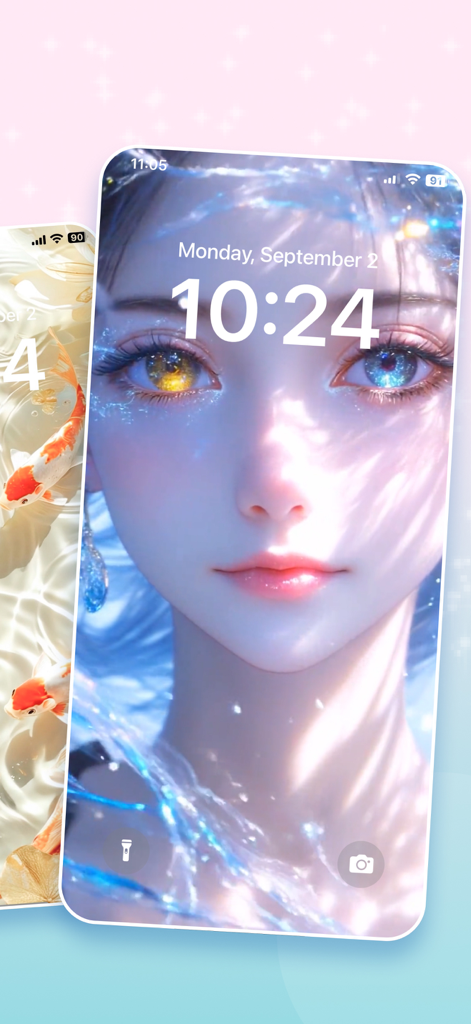 PixPaper-Wallpapers & Widgets - AI 생성된 듯한 초현실적인 얼굴과 헤엄치는 비단잉어를 포함한 미적 잠금 화면 배경화면을 보여주는 두 개의 아이폰