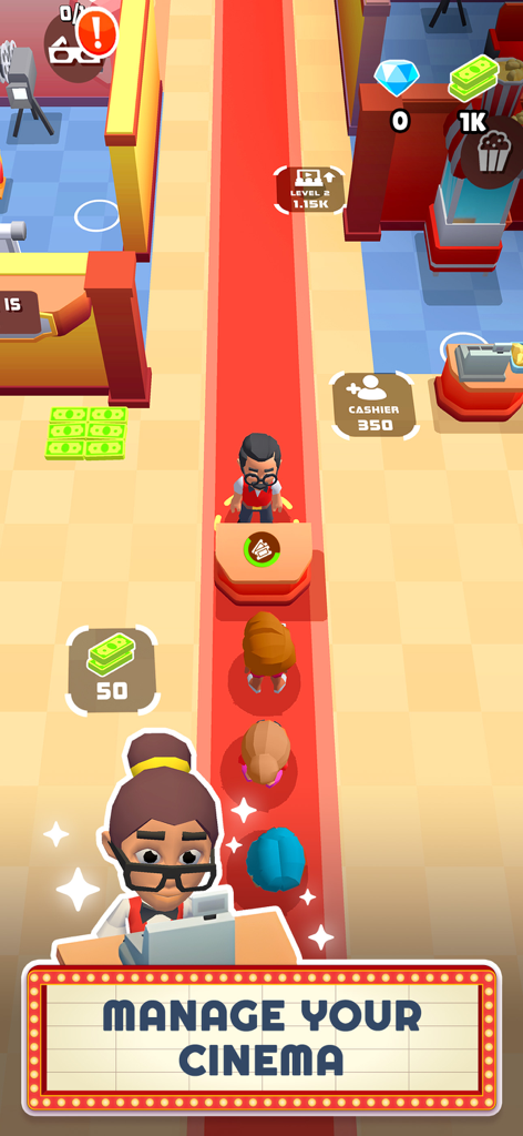 My Cinema World - Vista de cima para baixo de clientes fazendo fila em um tapete vermelho no balcão de ingressos de um cinema