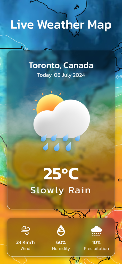 Live weather map interface for Toronto showing temperature wind speed and humidity